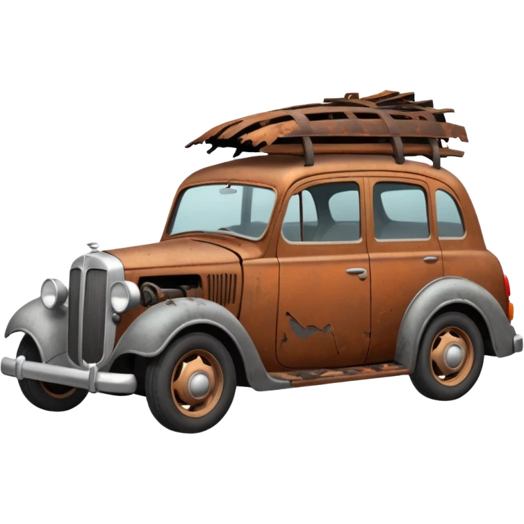 Side view of a broken-down old car with steam from the open bonnet, shattered windows, rusted doors, a flat tire, dents, peeling paint, and a grimy, neglected look. emoji
