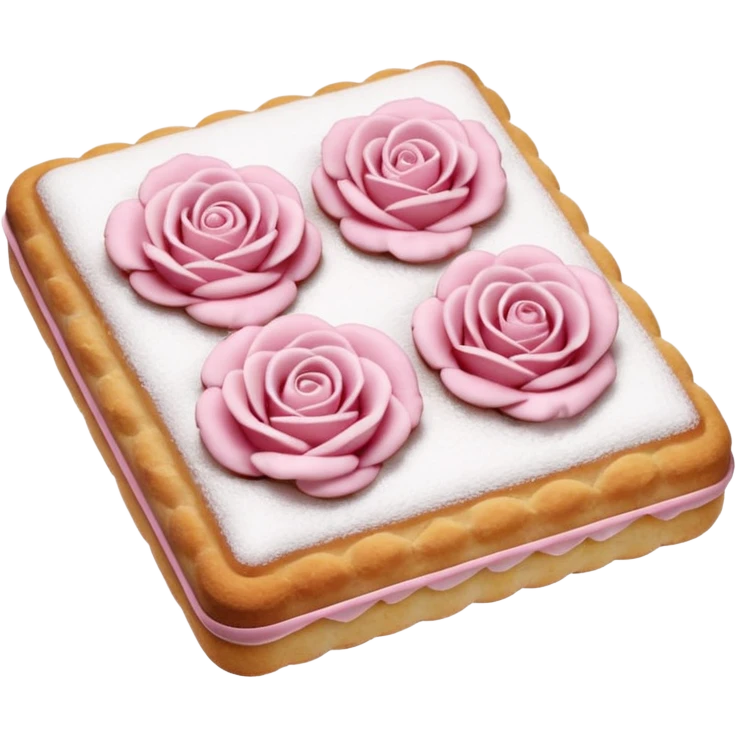 two biscuits roses de Reims, rectangular gently rounded, pastel pink, powdered sugar on top, crisp delicately textured surface, subtle cracks, arranged neatly, clean 3D rendering, soft light, subtle shadow, no packaging, no anthropomorphic features, transparent background, emoji scale emoji