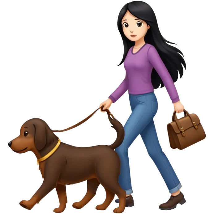 A girl with long black hair walks a big brown dog emoji