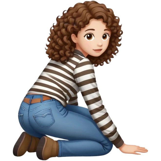 girl with curly hair in jeans and striped shirt kneeling on the ground seen from behind emoji