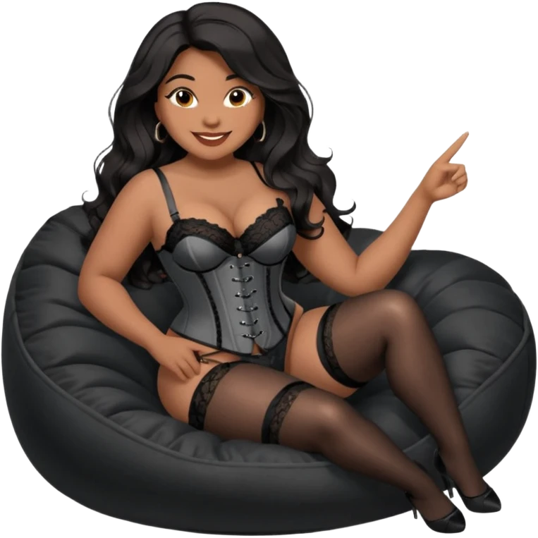 Curvy woman with brown skin with long wavy black hair, dark brown eyes. She's wearing a black lace corset, black lace thong, black stockings and suspender belt, she's sat on a big dark grey bean bag chair with her legs open and feet on the floor. Shes smiling with one hand pointing forward emoji