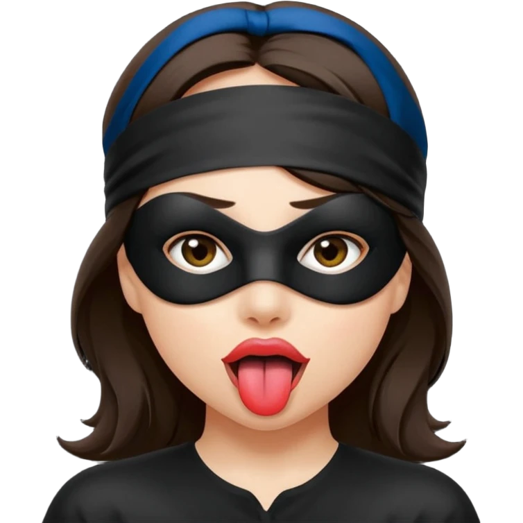 woman with dark brown hair wearing black fabric over eyes with tongue out emoji