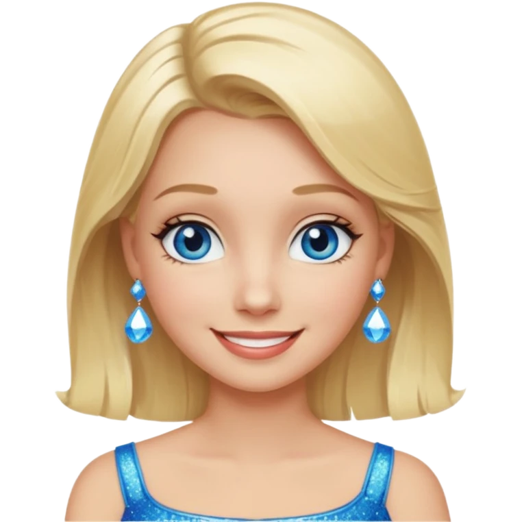 make this real, blond, below shoulder, blue eyes, 50s, sparkle in the eyes, fun, smile, no earings, relaxed style emoji