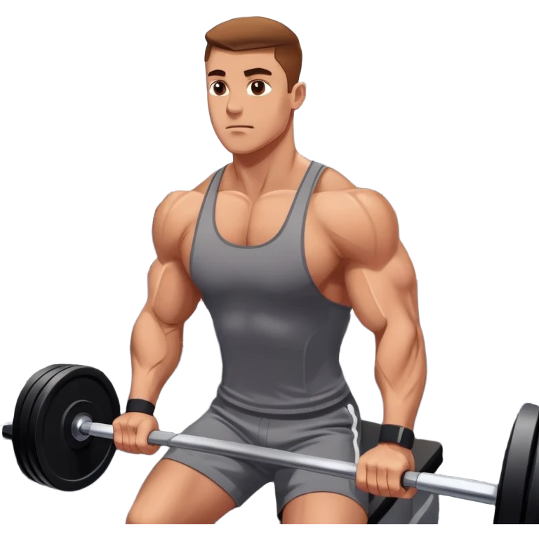 A focused athlete working out on a strength training machine in a modern gym. Muscles engaged, expression determined, demonstrating power and endurance. The gym is filled with equipment like dumbbells, barbells, and mirrors reflecting effort, creating a high-energy atmosphere. emoji
