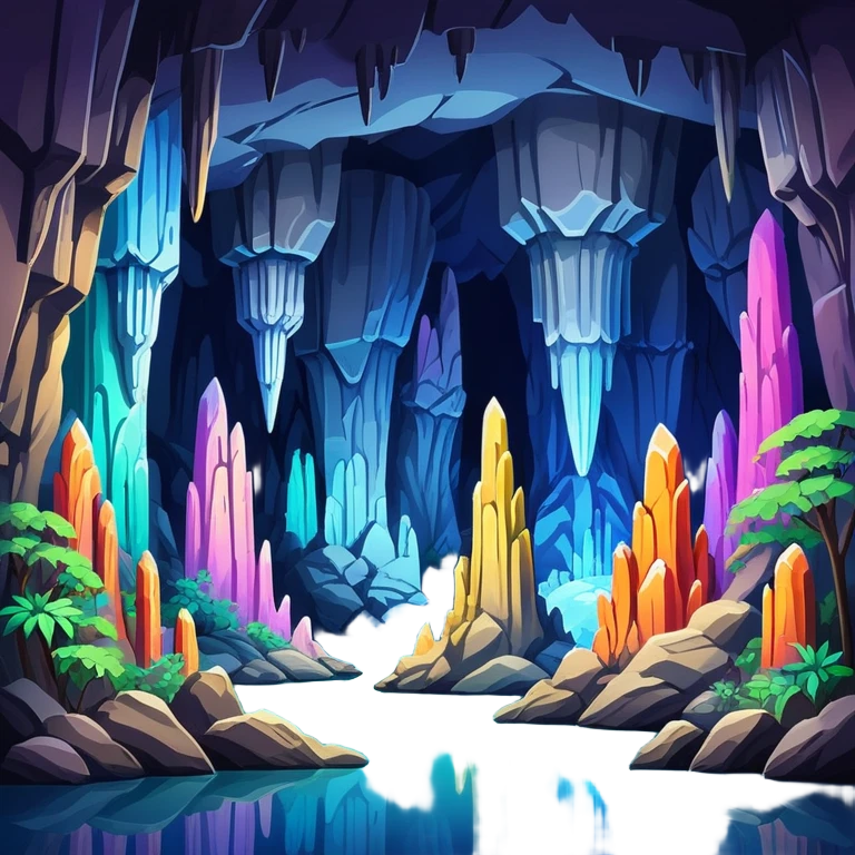 Reed Flute Cave Guilin with colorful lighting, simplified emoji style with bold outlines and bright colors, cartoon style cave with stalagmites emoji