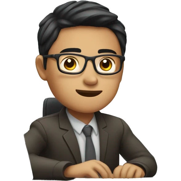 Asian student with glasses and middle part behind computer working emoji