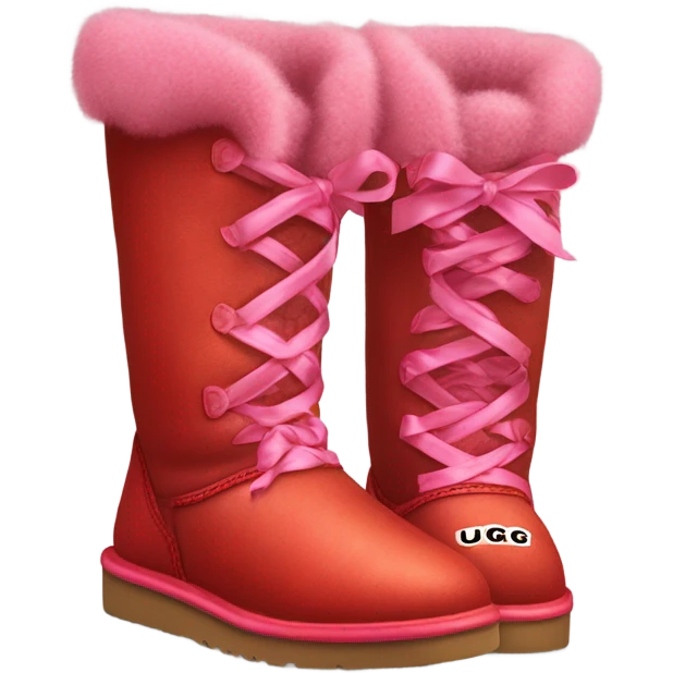 Pair of hyper Realistic Red Ugg Fur Boots laced out with pink silk ribbon laces at the back of them. emoji