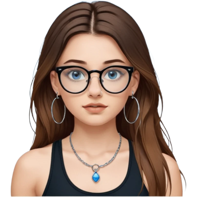 White girl with long brown hair, part going more to the RIGHT side, BLUE eyes, wearing BLACK plastic frame glasses that go from black to CLEAR ombré from top to bottom. SEPTUM nose piercing hoop, AND stud nose piercing on right side of nose. Wearing BLACK tank top. Wearing big hoop earrings  emoji