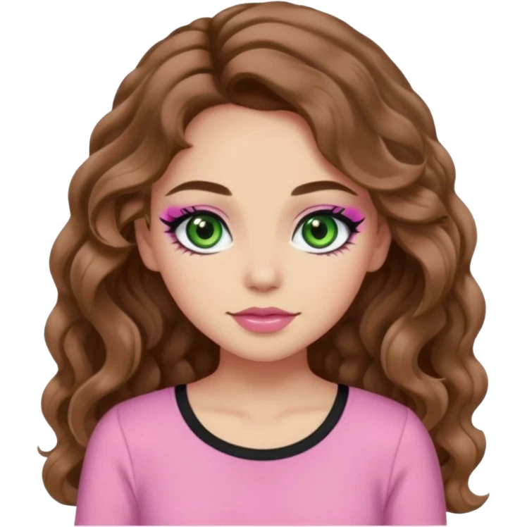  long brown wavy hair, light skin, green eyes, pretty bratz baddie, big plus size , black eyeliner, blush, pink girly top emoji