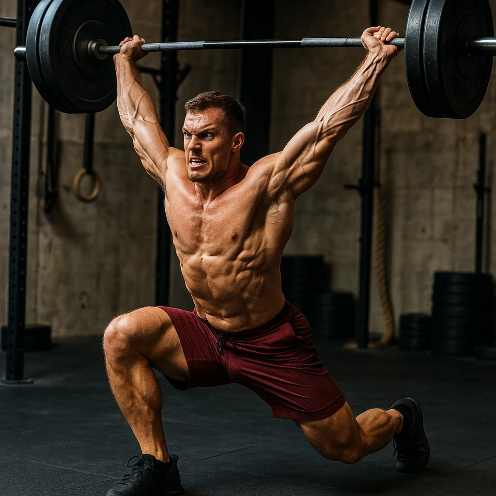 realistic 4K image of a crossfit athlete training snatch exercise, explosive movement, tense muscles, vivid colors, powerful atmosphere, gym background emoji