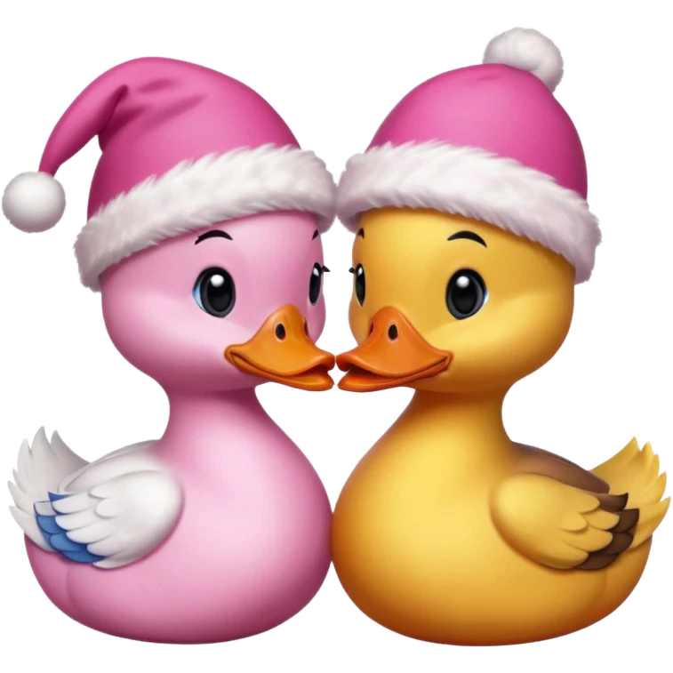 Two duck want to face each other and kissing pink colour want to too pritty and each want to wear crismas cap in oink colour emoji