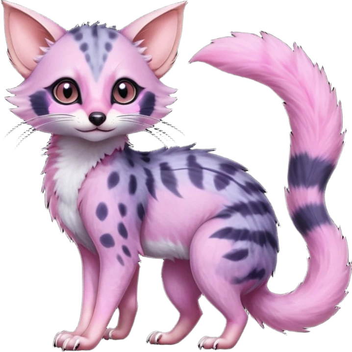 Deep dark pastel bright whitish pale Violet-pink-gradients with darker points Asian painted anime-styled big-eyed shiny glorious divine marked exotic cool beautiful realistic Lykoi-civet-genet-sergal-ocicat-oncilla-animal-Fakémon-hybrid-fursona (full body) emoji