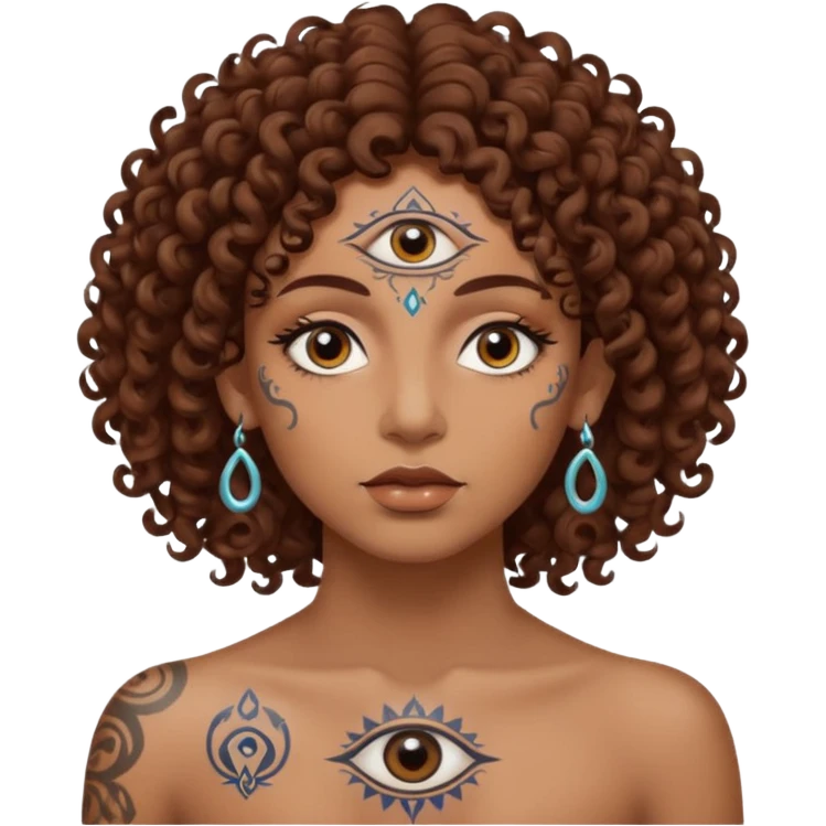 Sexy brown eyes, brown curly hair, white ethnicity with tattoo mystic vibe, third eye  emoji