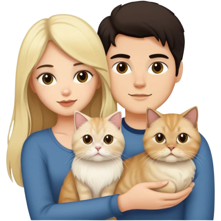 pretty girl with long dark hair holding a blonde persian cat beside her boyfriend holding a small black cat emoji