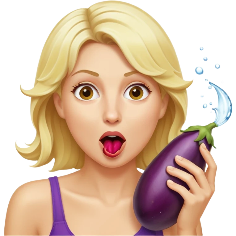 blond woman biting an aubergine, water jet shooting from the eggplant into her mouth, surprised look emoji