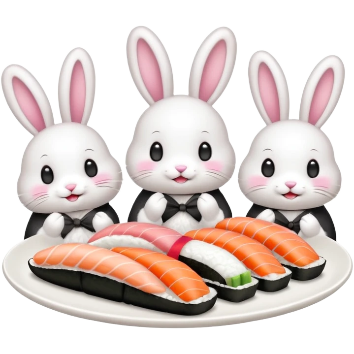 four bunnies together eating sushi at a birthday party, playful, sushi platters, birthday banner, new pose, emoji style emoji