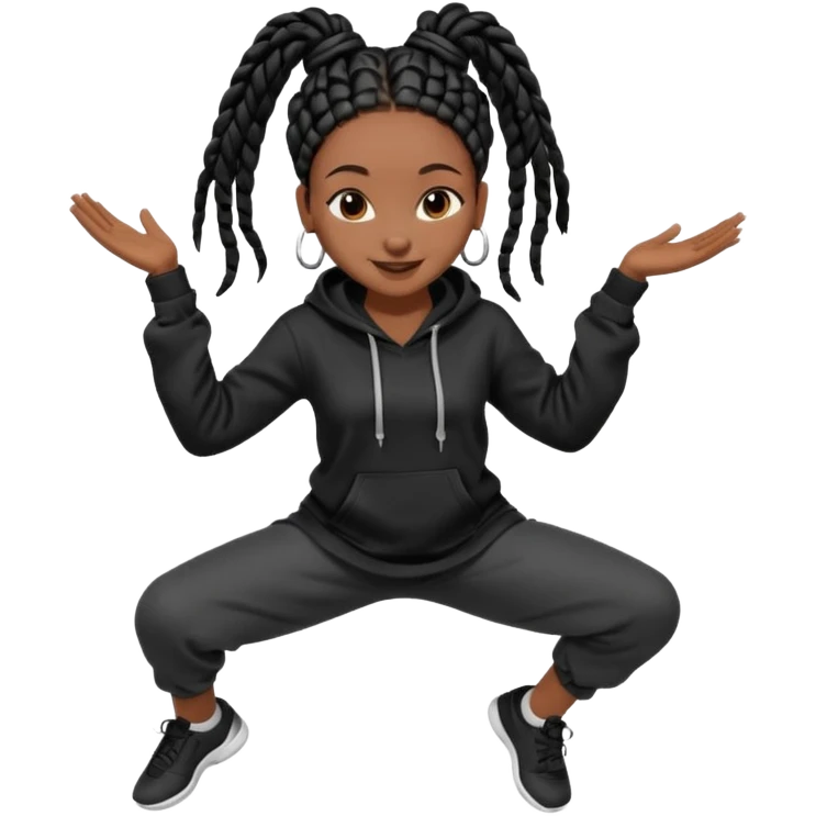 African American girl dark skin complextion long black box braids wrapped in a single bun wearing plain black hoodie dancing emoji
