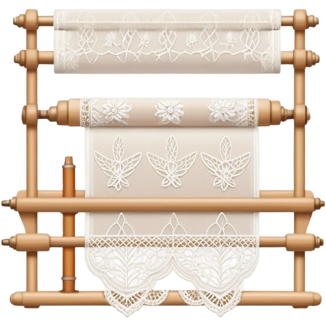 Lace making icon, lace patterns in progress, shuttle, thread, bobbins, intricate details, minimalistic style, clean lines, transparent background. emoji