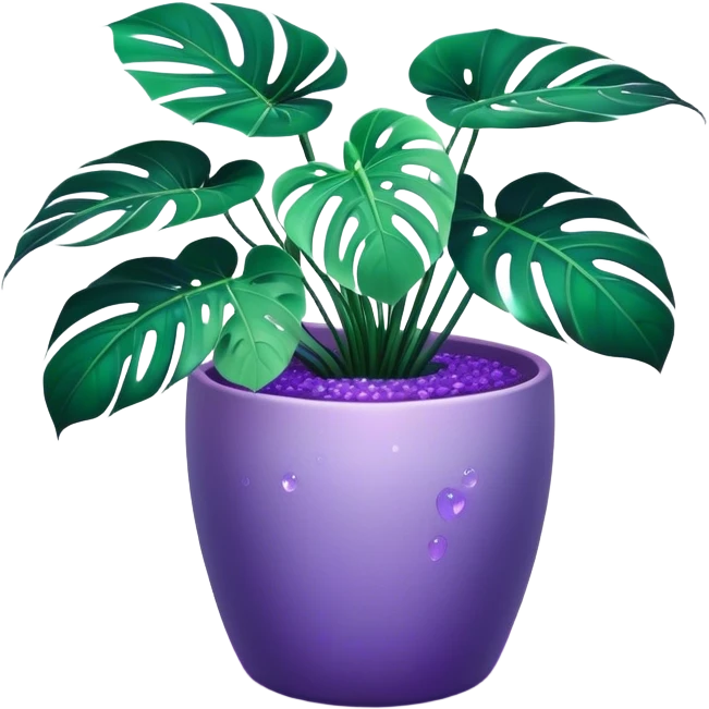 A mesmerizing monstera plant with oversized, surreal deep violet-green leaves, shimmering slightly as if touched by moonlight. The plant sits in an elegant lavender-hued ceramic pot with a glossy, iridescent finish, reflecting subtle purples and blues. Tiny bioluminescent flowers with lilac and indigo petals emerge from the edges of the pot, glowing faintly in the dimly lit atmosphere. The background consists of a mystical, abstract blend of deep purples, blues, and emerald greens, resembling a cosmic nebula. Ethereal, soft light filters in from the side, giving the scene a dreamlike, almost otherworldly quality emoji