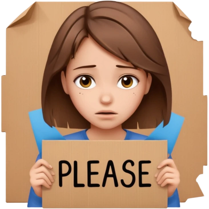 Sad realistic emoji of a young woman with messy hair, holding a cardboard sign that says "PLEASE SUBSCRIBE", emotional begging expression, cinematic lighting, shallow depth of field, soft blurred background, high detail, viral social media style emoji