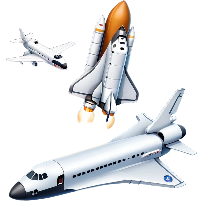An icon featuring a space shuttle and an airplane against a starry sky, symbolizing aerospace technology. The design includes rocket boosters and satellite orbits, representing the exploration of space and advanced aviation. Transparent background emoji
