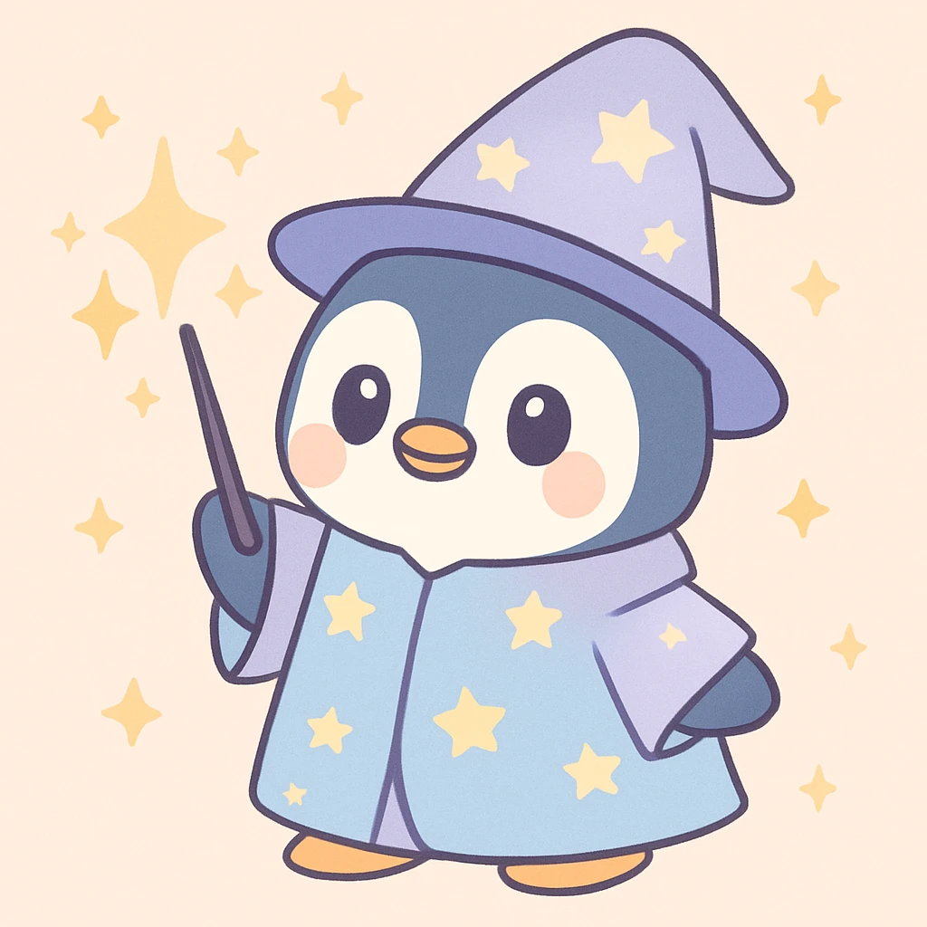 cute penguin wizard casting a spell, with sparkles and a starry robe emoji