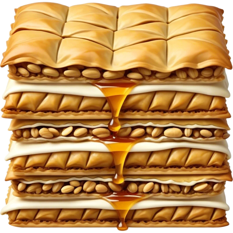 Cinematic Realistic Baklava Dessert Emoji, depicted as layers of flaky pastry with honey and nuts rendered with rich textures and warm, inviting lighting. emoji