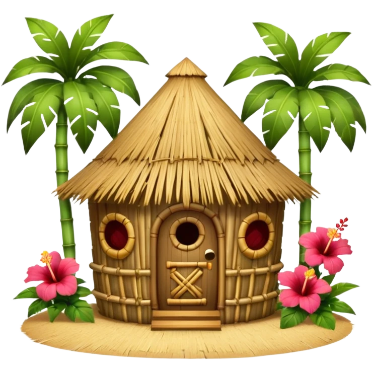 Hawaiian tiki hut house, round tropical hut, bamboo details, thatched roof, tiki masks decoration, hibiscus flowers, cute mobile game icon, 3D cartoon, clean background, no text emoji