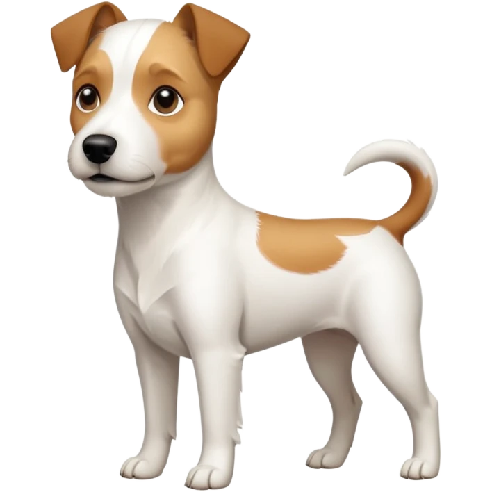 a full body slightly chubby white parson russell terrier looking dog the size of a kelpie with light brown long ears and a light brown patch on one eye and a large snout. the rest of the dog is completely whiteforward facing emoji