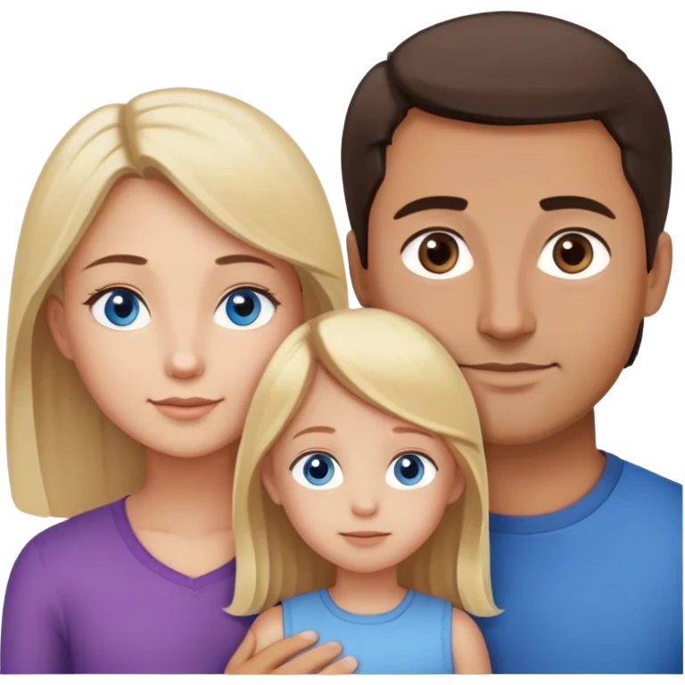 Family portrait with father with dark brown hair and brown eyes, mother with light brown hair and blue eyes, 1 blonde little girls with blue eyes, 1 light brown hair and brown eyes emoji