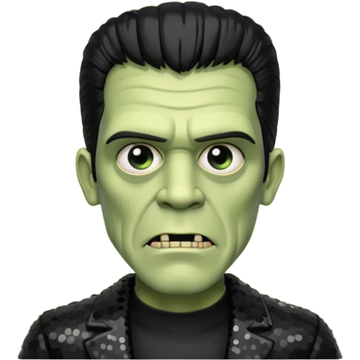 Frankenstein from Universal Monsters with pale greenish skin, black hair, black sequin outfit emoji