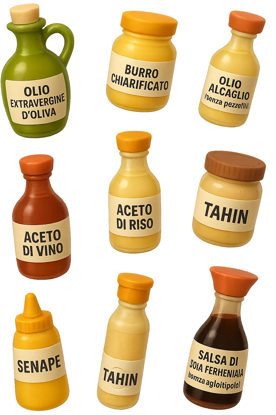 emoji stile iphone 3d di questi elementi che fluttuano in aria sparsi casualmente:

Olio extravergine d’oliva, burro chiarificato
Olio all’aglio (senza pezzetti)
Aceto di vino, aceto di riso, senape, tahin
Salsa di soia fermentata (senza aglio/cipolla)


 che fluttuano sparse casualmente in aria, le etichette dei prodotti scrivile in italiano, iperealistico 4k emoji