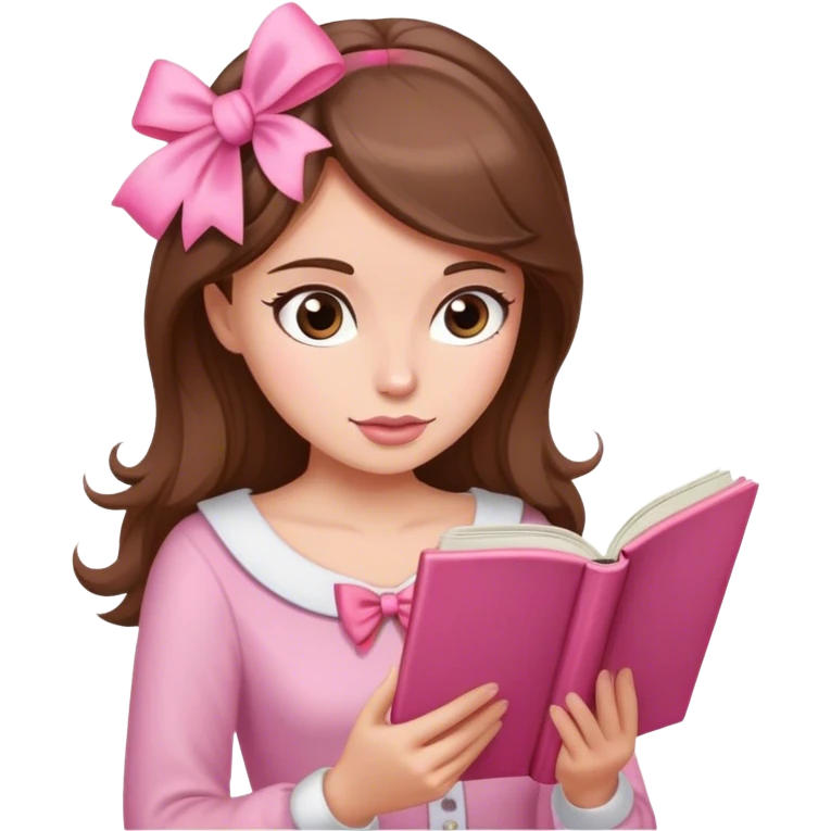 a brown haired, fair skinned female reader reading a pink romance novel with bow emoji