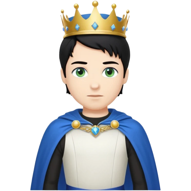 Prince with crown, blue cape and trousers, body and legs, black hair, blue eyes and maid, blonde hair, green eyes, sexy white short sleveless dress,  emoji