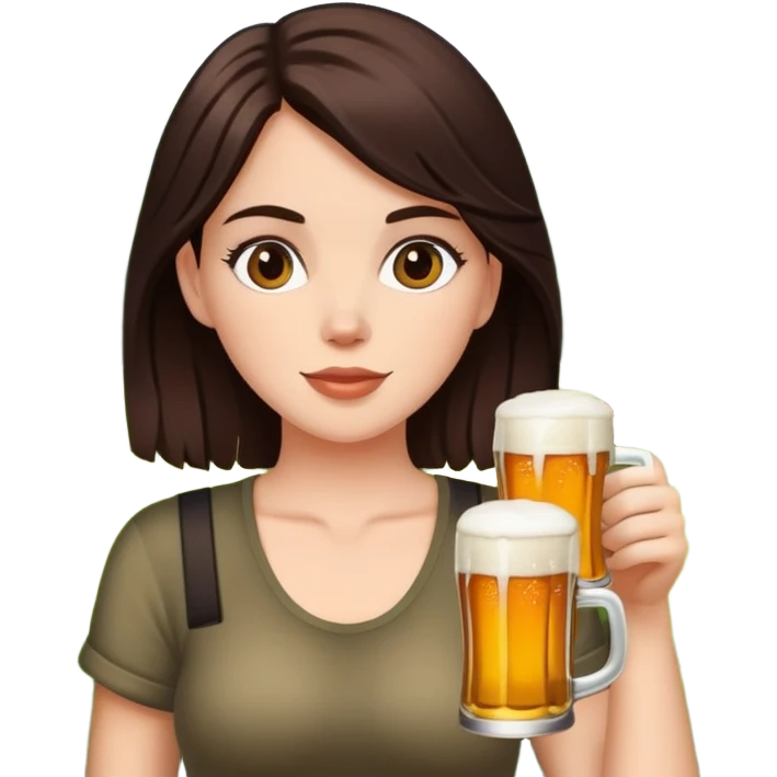 white girl with dark brown hair drinking a beer in front of forest emoji