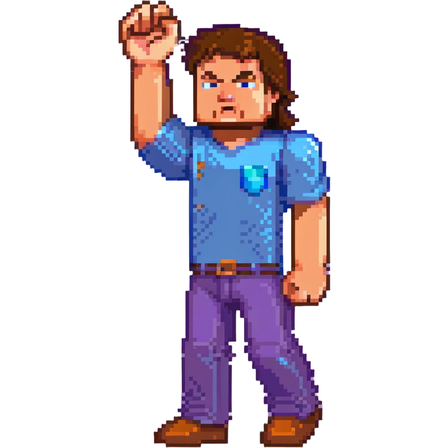 Jack Black as Minecraft Steve in mining pose with arm raised, blocky character with brown hair, blue shirt, and purple pants emoji