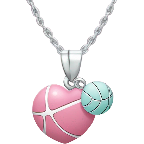 a basketball necklace with a heart. where there are two pendants: a flat silver basketball, and a pink enamel heart. similar to the tiffany and co. heart necklace emoji
