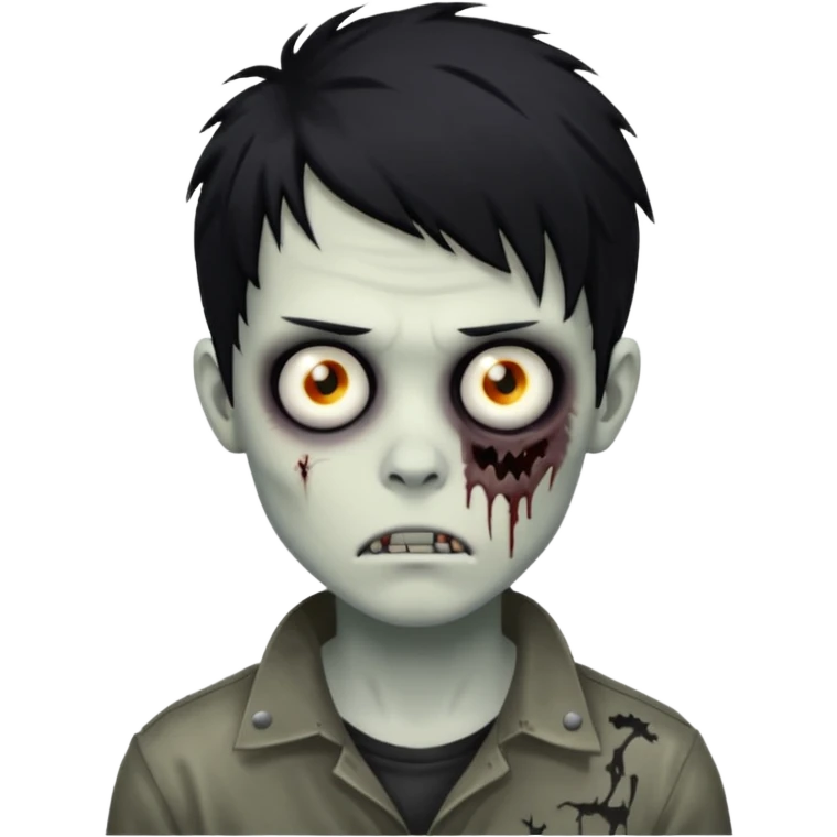 zombie boy with messy black hair, emo style, medium length, eerie and unsettling face emoji