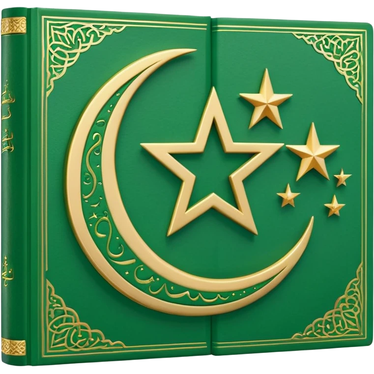 Closed Quran with the Islamic Symbol on it (moon and star) green from left to right emoji