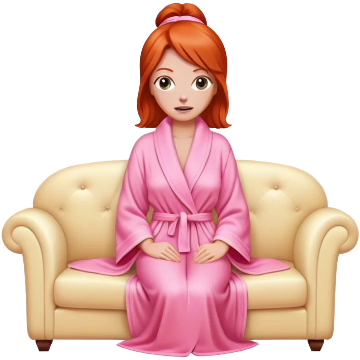 Red head woman wrapped in a pink dressing gown led on a cream sofa emoji