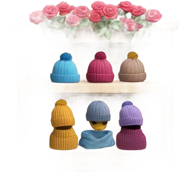 Shelf with knitted hats on mannequins and a flower emoji