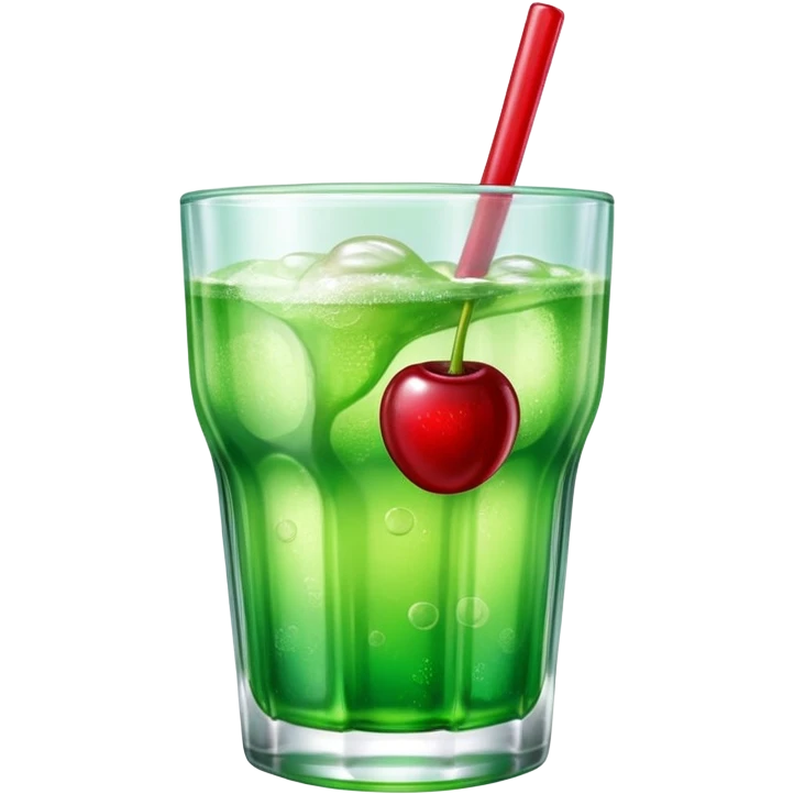 Create an emoji with a clear rounded glass, bright transparent green soda with fine bubbles, a smooth vanilla scoop, a glossy red cherry, using vibrant colors, soft shading, and clear glass highlights.
 emoji