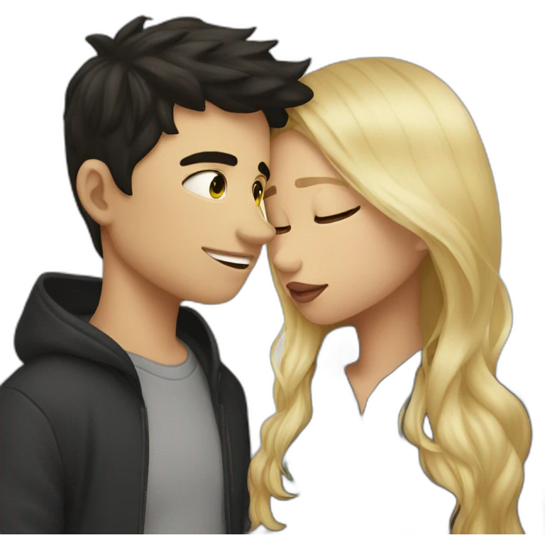 dark haired boy im hoodie and blonde girl kissed emoji