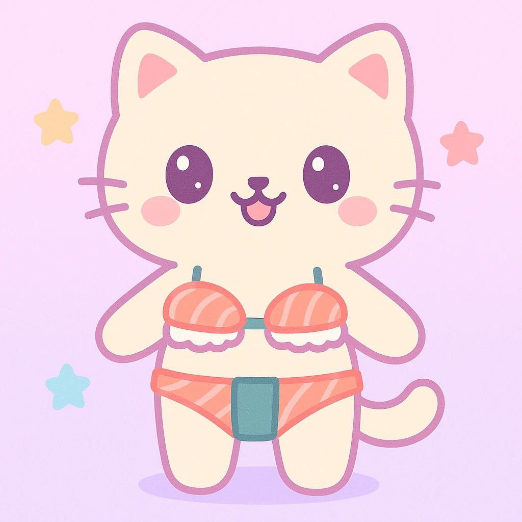 playful and cute cat wearing a bikini made of sushi emoji
