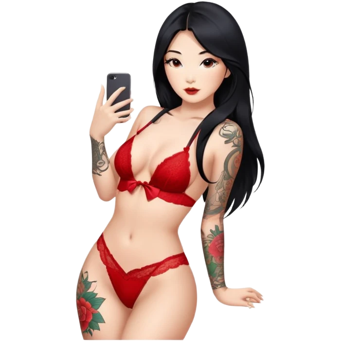 Beautiful Asian woman with long black hair and tattoos on body wearing red lingerie sexy pose sfw emoji