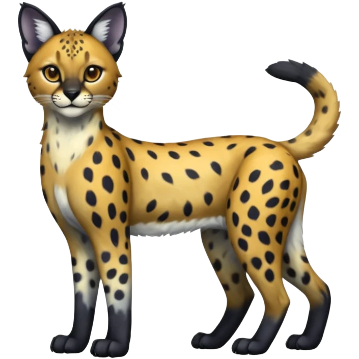 Colorful shiny spectral soft smooth black gloomy dark dull melanistic Caracal-Cheetah-Serval-Snow-Leopard-Trico-Sergal-Vernid-fusion-hybrid-animal-creature, full body emoji