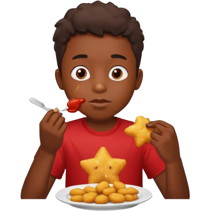 A boy with dark skin wearing a red and yellow t-shirt, eating star-shaped chicken nuggets with ketchup sauce. emoji