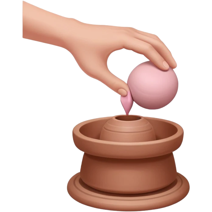 one hand pressing down on a pink ball of clay above an empty pottery wheel, with the clay not touching the wheel surface, hovering slightly above it emoji