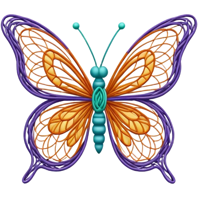 String art icon, colorful butterfly made with threads, wings formed by intricate thread patterns, body of the butterfly with visible thread ball structure, minimalistic style, clean lines, transparent background. emoji
