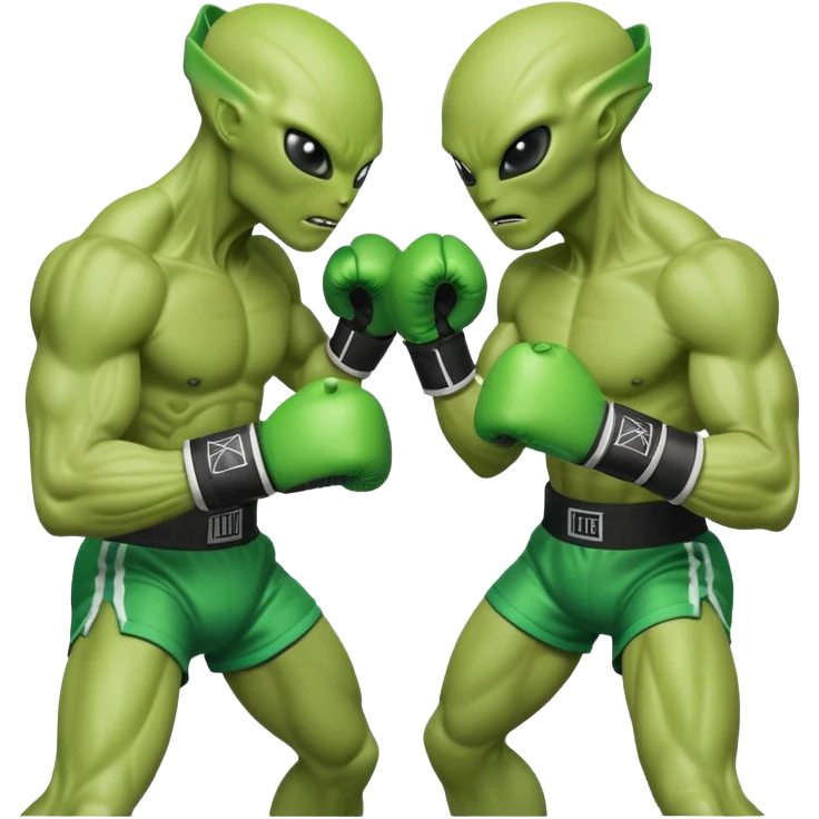 two aliens boxing in a fight stance, facing each other with raised gloves, dynamic action pose, intense expressions, sci-fi arena vibe, 3D cartoon style, mobile game icon style, clean background, no text, no watermark
 emoji